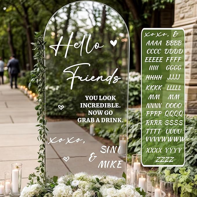 Personalized Wedding Welcome Sign Decals for Mirror Selfie Mirror Vinyl Decal for Wedding Party Entry DIY Bride and Groom Names Stickers Hello Friends Sign Decal for Seating Chart Board Backdrop Decor