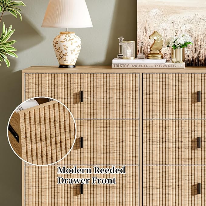 Chrangmay Modern Chest of Drawers with 9 Drawers,Deep Drawers,Clothes Organizer,Large Storage Cabinet for Living Room, Bedroom,Hallway,with Anti-Tipping Device, Oak