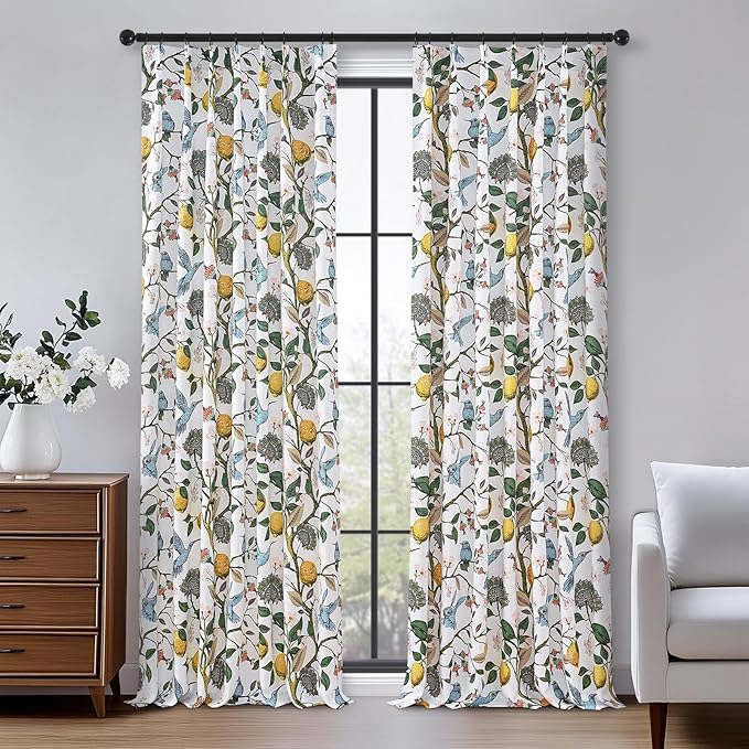 Pinch Pleated Curtains Floral Cottage Core Curtains for Living Room 90 Inches Long Blue and White Vintage Hummingbird Lemon Blackout Drapes for Bedroom with Hooks Set 2 Panels