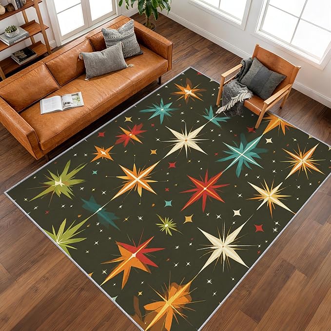 Atomic Rugs for Bedroom 5x8 ft, Abstract Starburst Area Rugs for Living Room, Washable Non Slip Low Pile Mid Century Modern Carpet, Home Decor PF-P 107