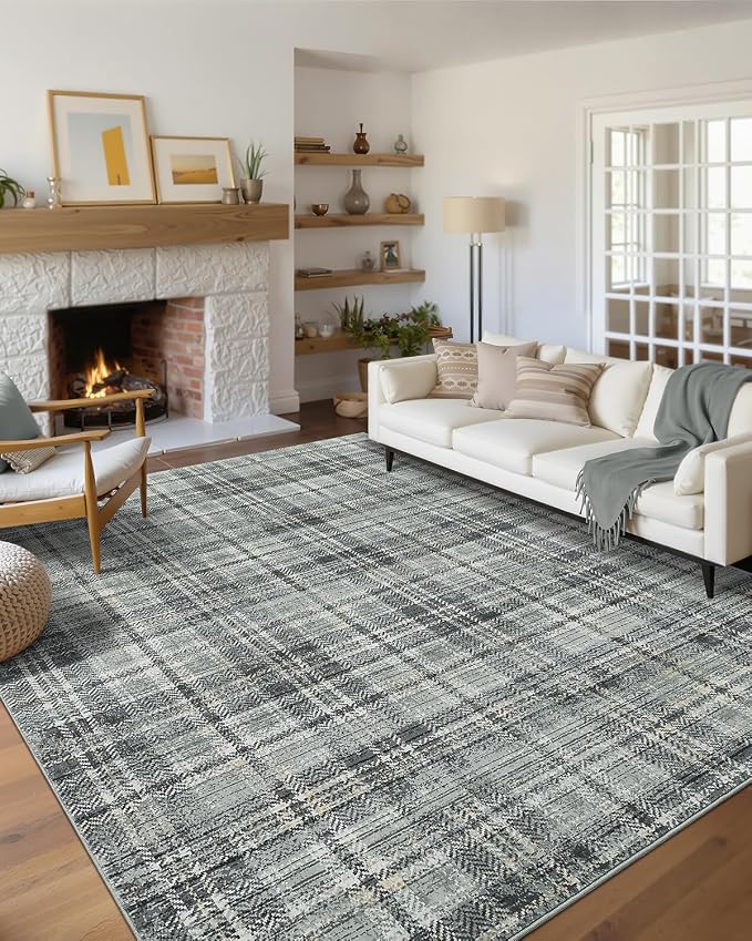 Washable Rugs 10 x 13 Rug for Living Room Soft Bedroom Rug Modern Plaid Large Area Rug Non Shedding Non Slip Throw Rugs Stain Resistant Carpet for Dining Room Nursery 10'x13' Greenish Grey