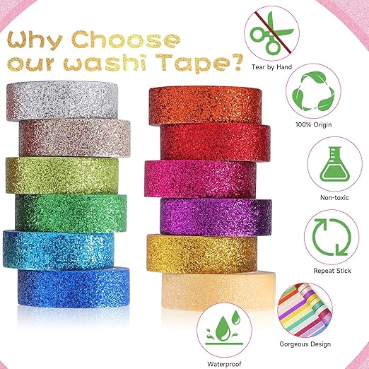 Pofflujent 12 Rolls Glitter Washi Tape Set Christmas Washi Masking Tape Decorative Adhesive Tape for Scrapbooking DIY Crafts Crafters Embellished Journals Planners Cards Gift Wrapping Ribbons Wedding