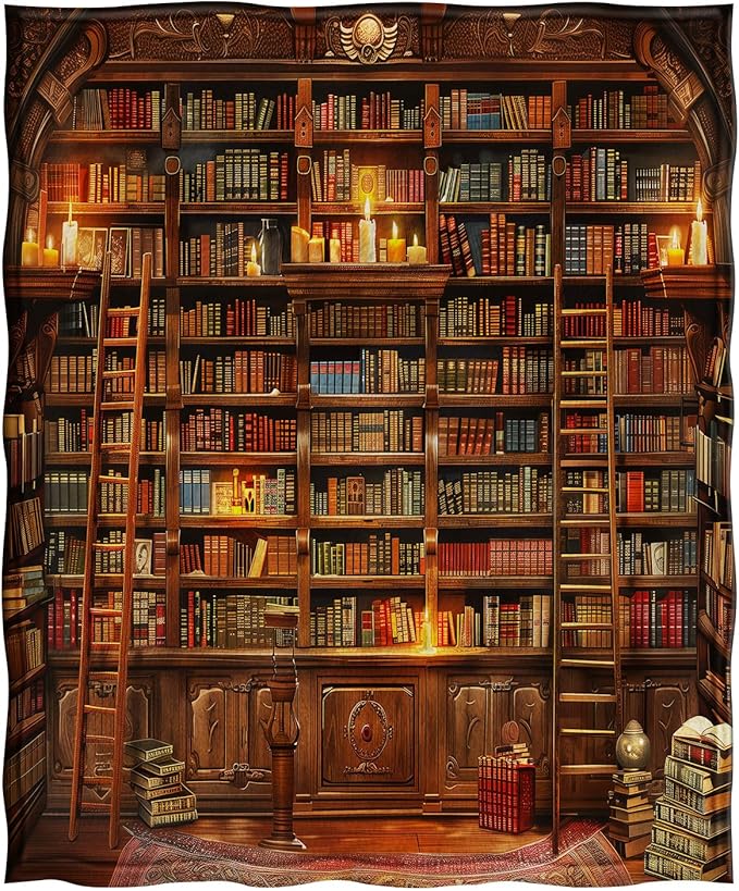 Jekeno Vintage Bookshelf Blanket Gifts for Women Men Kids Girls Boys Husband Dad Halloween Birthday Christmas Library Books Bookcase Candle Decor Bedroom Study Classroom Living Room Throw 60"x80"