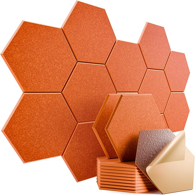 12 Pack Self-Adhesive Acoustic Panels 12" X 10" X 0.4" - Sound Proof Foam Panels with High Density, Stylish Hexagonal Design, Flame Resistant, Absorb Noise and Eliminate Echoes(Tangerine)