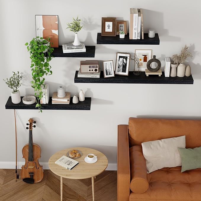 Axeman Floating Shelves, 8 Inch Deep Modern Solid Wood Wall Shelves for Storage, Wall Mounted Display Shelving with Invisible Heavy-Duty Metal Bracket, 36" W x 8" D x 1.6" H, Distressed Black