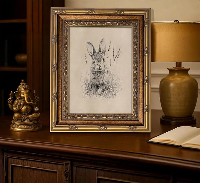 Vintage Gold Framed Easter Bunny Canvas Wall Art Vintage Rabbit Wall Decor Spring Farmhouse Animal Sketch Print Artwork Sketch Rabbit painting Picture for Farmhouse Bedroom Living Room 9X11in