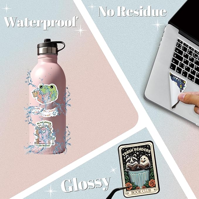 300 PCS Book Stickers for Kindle, Bookish Sticker Pack Reading Waterproof Vinyl Decals for Laptop, Ebook Readers, Water Bottle, Phone, Journal, Scrapbook, No Repeats (Glossy)