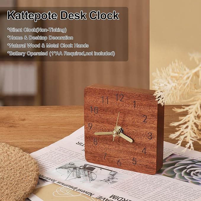 Kattepote Wooden Table Clock on Stand, Decorative Battery Operated Desk and Shelf Clock, Silent Non-Ticking Desktop Clock for Office, Living Room or Bedroom Decor, Square Shape, Sapele Wood