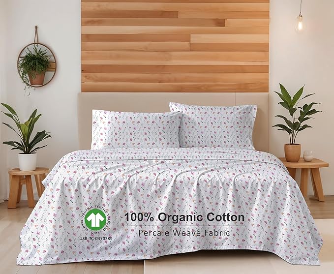RUVANTI 100% Organic Cotton Sheets California King, Percale Weave, GOTS Certified, 4-Piece Set, Deep Pocket 13", Crisp & Breathable, Soft Durable Bedding, Sábanas Algodón Orgánico – Obsessed Stems