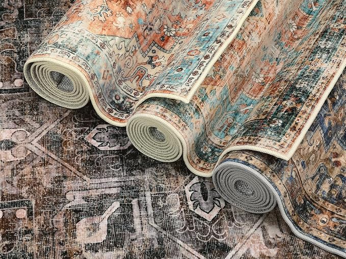 5x7 Area Rug Washable Boho Vintage Medal Print Small Carpet Non Slip Office Rugs Low Pile Soft Bedroom Carpet Non Shedding Nursery Floor Mats for Kitchen Dining Living Room Green Brown