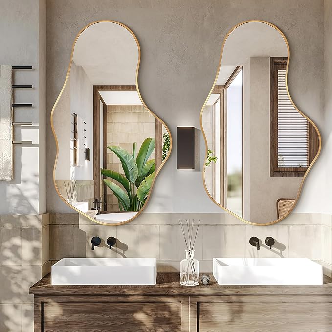 Dorlicecass Irregular Wall Mirror - Wall Mirrors Decorative 22"x 36" Asymmetrical Abstract Mirror Aviation Aluminum Alloy Frame Unique for Bathroom, Bedroom, Living Room, Cloakroom, Entryway Gold