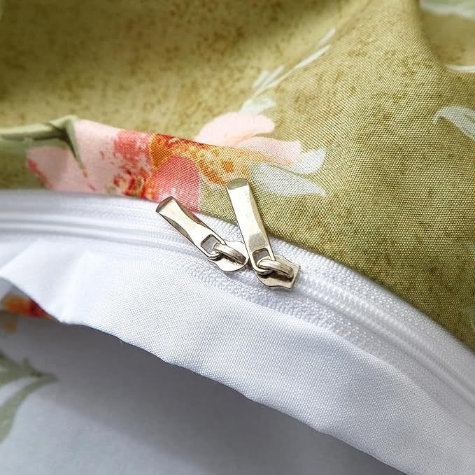 mixinni Duvet Cover Full Size, Long Staple Cotton Reversible Green Floral Duvet Cover Set with Zipper Ties, 3 Pieces Botanical Pink Flowers and Green Branches Patterns Bedding Set