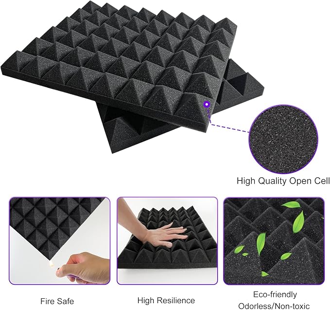 TroyStudio Thick Acoustic Foam Panels, 16 X 12 X 2 Inches 50 Pcs Pyramid Sound Absorbing Foam, Dense Soundproof Padding Tile, Recording Studio Foams Absorber, Decorative 3D Wall Ceiling Panel