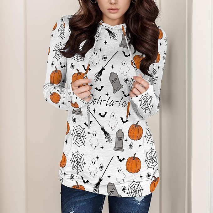 Halloween Sweatshirts For Women Long Sleeve Spooky Graphic Sweatshirts Pumpkin Pullover Halloween Party Club Wear