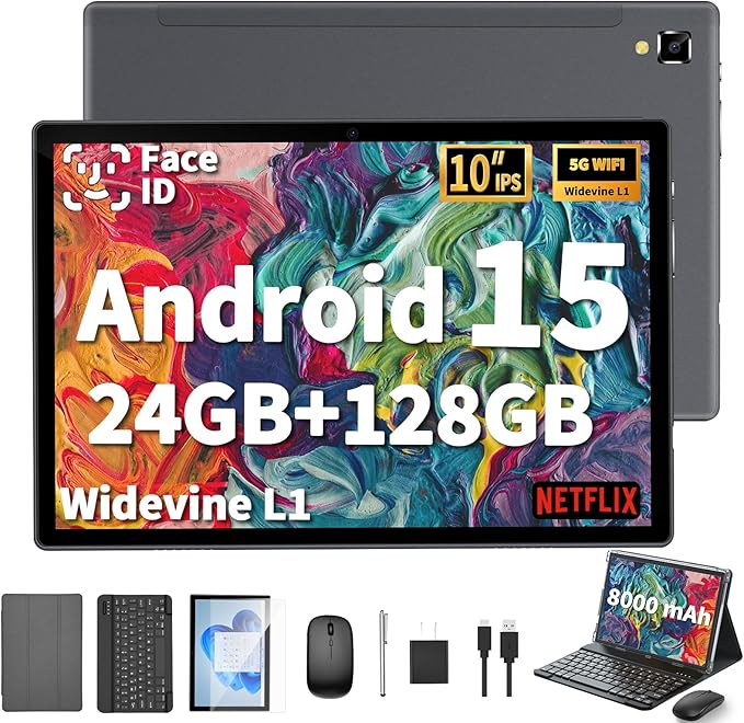 2026 Android Tablet with Keyboard, 24GB+128GB+2TB Expand, 10 inch Android 15 Tablet with Gemini AI, 8000mAh, BT 5.0, GMS Certified, 5G/2.4G WiFi, Tablets Pc with Mouse, Case, Stylus-Silver Case