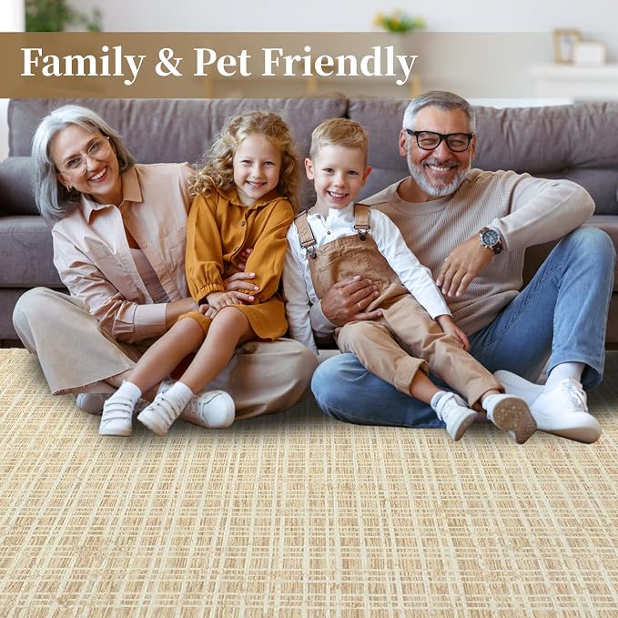 Living Room Rug 5x7 Area Rugs Washable Bedroom Rug Modern Plaid Neutral Area Rug Non Slip Throw Rugs Farmhouse Soft Faux Wool Low Pile Stain Resistant Carpet for Dining Room 5'x7' Yellow