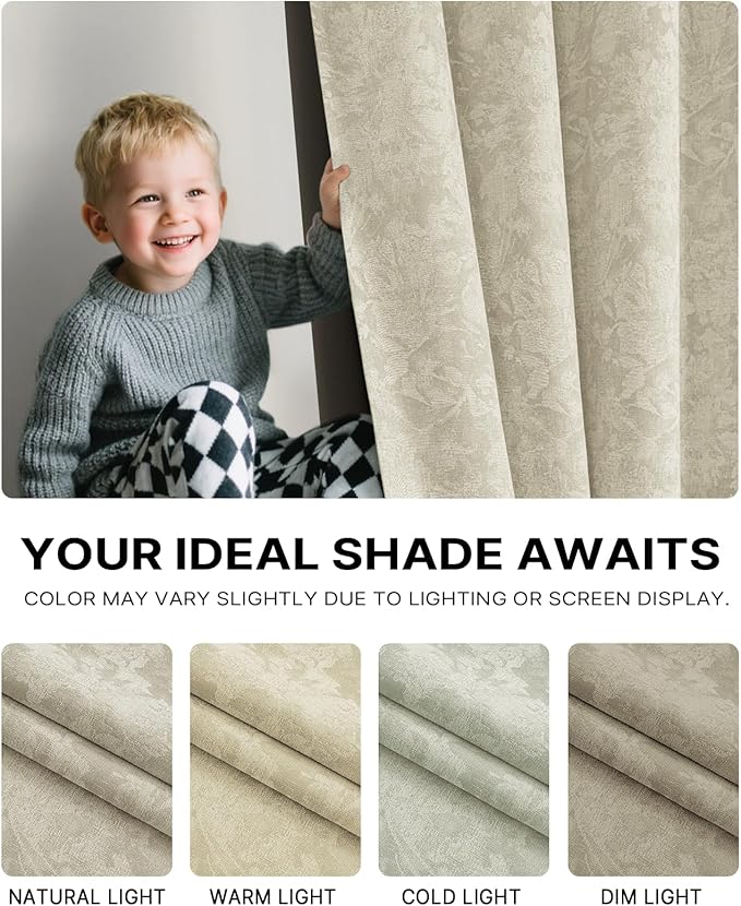 Chenille Floral Blackout Curtains 84 Inch Length 2 Panels Set - Bedroom Living Room Darkening Thermal Insulated Black Out Window Treatments Grommet Jacquard Drapes 52 Inch Wide Beige
