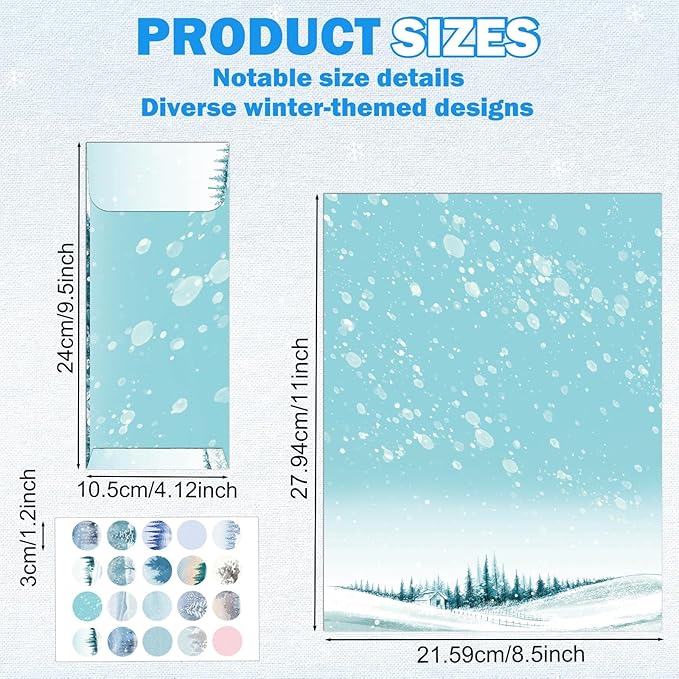 EggSun 250Pcs Christmas Winter Stationery Paper and Envelope Set with 100 Letterhead Papers and 50 Envelopes, 10 Design for Letter Writing Invitations Computer Holidays Party Notes, 8.5x11 Inch-Snowy