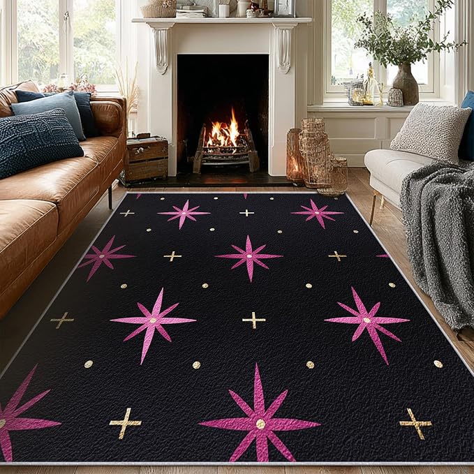 Atomic Rugs 6x9, Mid Century Modern Retro Washable 6 x 9 Area Rug for Living Room, Bedroom, Low Pile Non Slip Stain Resistant Carpet, Atomic Starburst Home Decor Accessories & M857