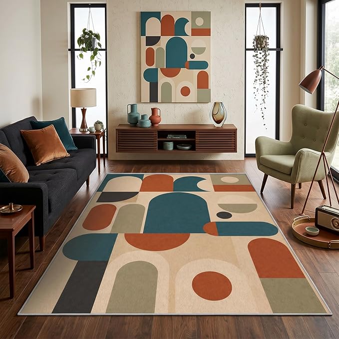 Teal Rust Area Rug 3x4, Mid Century Modern Mosaic Geometric Rug, Retro Abstract Color Block Washable Low Pile Non Slip Rug for Living Room Bedroom