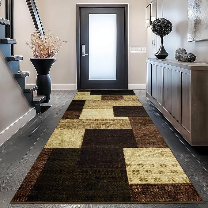 Modern Geometric Patchwork Indoor Runner Rug for Living Room, Warm Taupe 2'x 6' Rug Rockwood Collection Hardwood Floors Decor for Bedroom, Taupe Throw Carpet for Office Entryway Dining Room