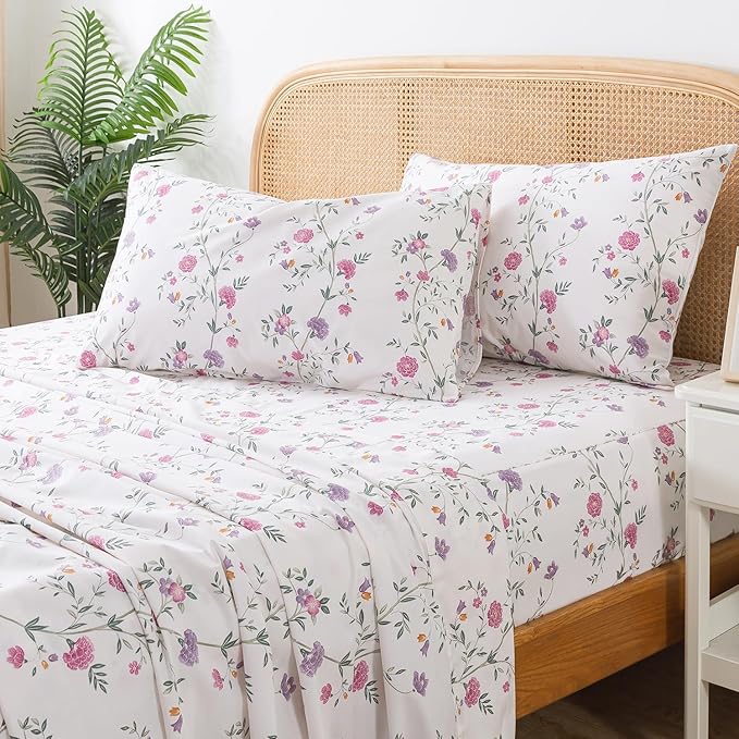 Zusbest King Sheets, Soft 100% Cotton Pink & Off White Floral Bed Sheets,Shabby Vintage Chic Purple Flower Printed Sheets,Breathable Home Decor, Garden Style 4 Piece Deep Pocket 17.5‘’（Rosy）