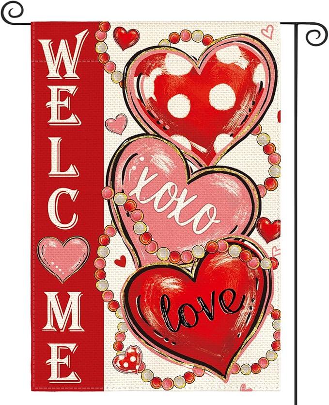 AVOIN colorlife Love Hearts Valentines Day Garden Flag 12x18 Inch Double Sided Outside, XOXO Welcome Anniversary Yard Outdoor Flag
