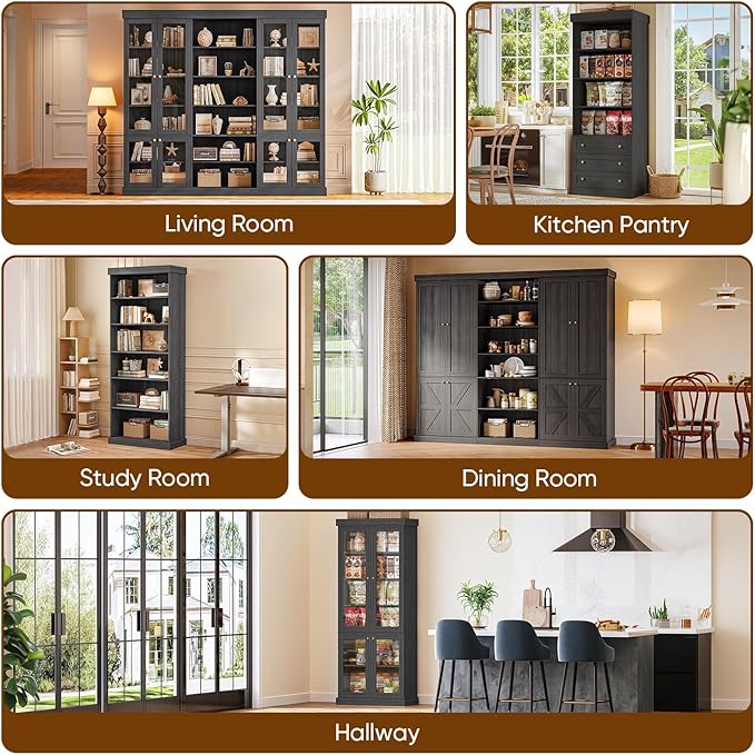 Vyre 70.8" Tall Farmhouse Bookshelf, Modular Bookcase with Glass Doors, 6-Tier Adjustable Shelves, Large Storage Cabinet for Kitchen, Living Room, Black, Set of 4