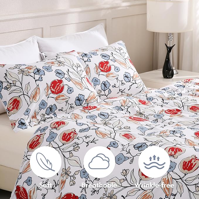 LONAVA King Flower 3 Pcs Duvet Cover Set, Breathable Soft Microfiber White Lining Comforter Cover with Zipper Closure, and 2 Anti-Pilling, Fade Resistant Pillowcases, Red Bud