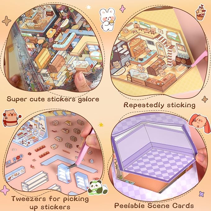 ASTARON 20 Sets DIY 3D Sticker Scene Book Sticker Therapy for Adults, Make Your Own Mini Cozy Shop House Room Stickers Cute Cartoon Miniature Stickers for Girls, Relief Stress Pass The Time