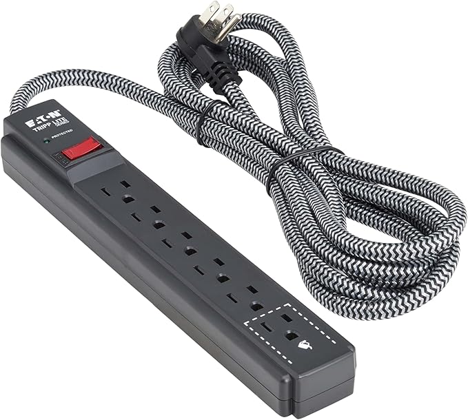 Eaton Tripp Lite Series 6-Outlet Surge Protector Power Strip, Flat Plug 10ft Braided Extension Cord, 1200 Joules, 15A Circuit Breaker, Lifetime Manufacturer's Warranty & $10,000 Insurance (TLP610DB)