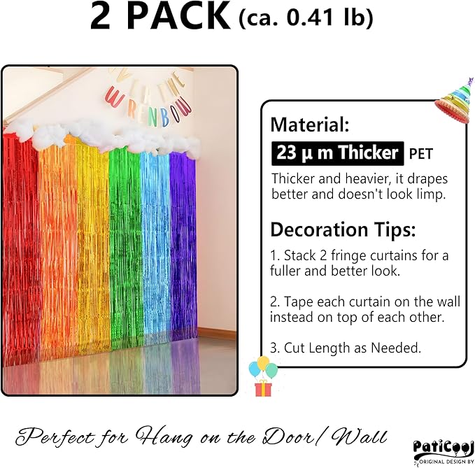 Thicken Rainbow Streamers 2 Pack 3.2 x 8.2 FT for Rainbow Birthday Party Decorations, Tinsel Backdrop Curtains, Foil Fringe Photo Backdrop for Fiesta, Mexican, Pride, Baby Shower Decorations