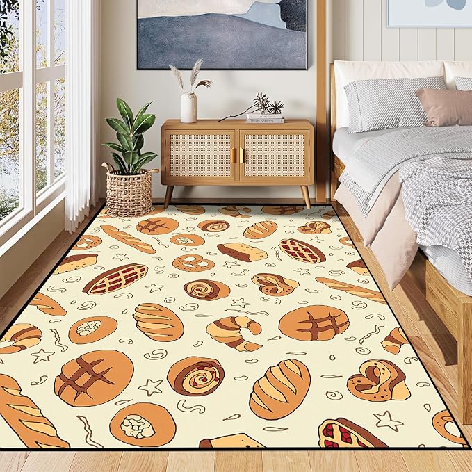 Cute Bread Area Rug 3D Cattoon Carpt Waffle Croissant and Muffin Rugs for Bedroom Living Room Kitchen Nursery Playroom Home Decor Washable Non Slip Floor Mat,4'x6'