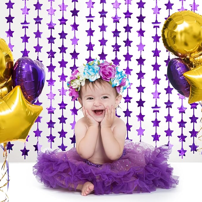 LOLStar 2Pack Purple Glitter Stars Birthday Decorations 3.3X6.6ft Each Lilac Purple Star Backdrop Foil Fringe Curtains for Girl, Graduation Engagement Wedding Baby Shower Disco Anniversary Party Decor