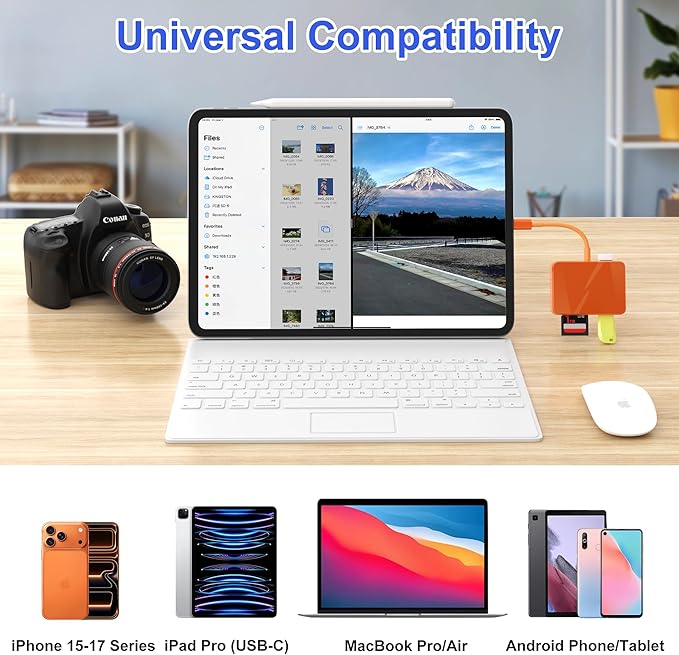 SD Card Reader, 5 in 1 USB-C & USB Card Adapter with SD/MicroSD/MS and Dual USB-A Ports Memory Card Reader for iPhone 17/16/15 Pro Max iPad MacBook Pro/Air M4/M3 Android Phone/Tablet PC (Orange)