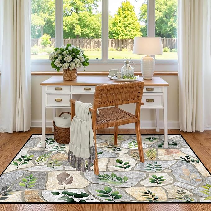 5'x7' Optical Illusion Rug 3D Stone Floor Mat Green Leaf Botanical Area Rug Rustic Nature Washable Carpet for Bedroom Living Room Kitchen Nursery Playroom Home Decor