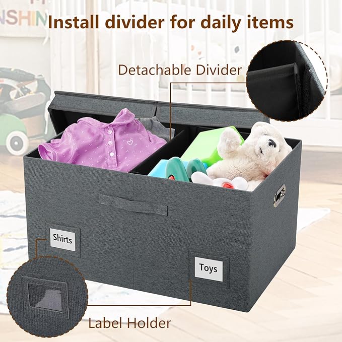 75 Quarts Extra Large Decorative Storage Bins with Lids, 3 Packs Dark Gray Collapsible Storage Bins with Lids, Stackable Storage Bins Decorative Box Storage With Lid Extra Large