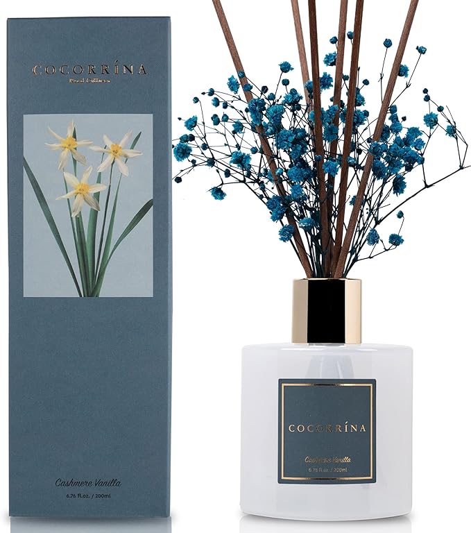 Cocorrína Premium Reed Diffuser Set with Preserved Baby's Breath & Cotton Stick Cashmere Vanilla | 6.7 fl oz Reed Diffuser for Bedroom Bathroom Home Décor