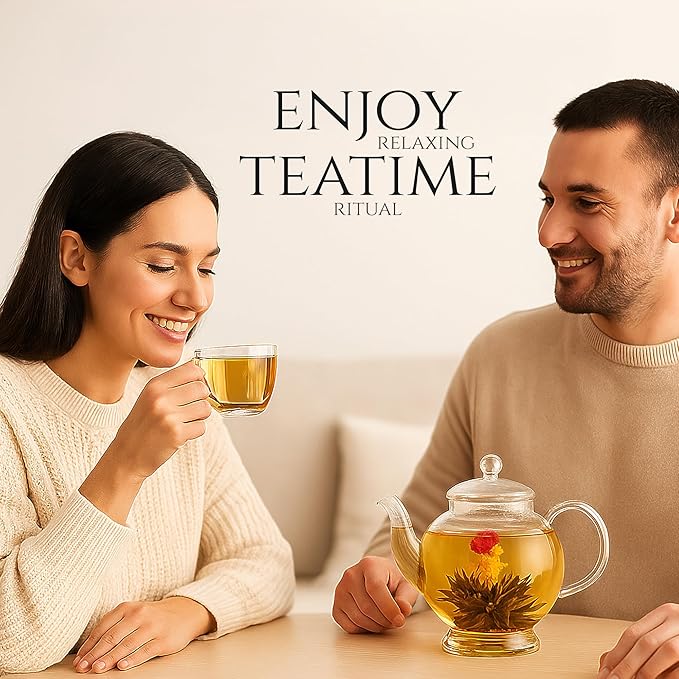 Tea Bunch Blooming Flower Tea Set – 12 Hand-Tied Organic Green Tea Balls with 12 Packs of Rock Sugar, Gift-Ready Packaging, Calming Floral Tea for Wellness & Relaxation (Glass Teapot Not Included)