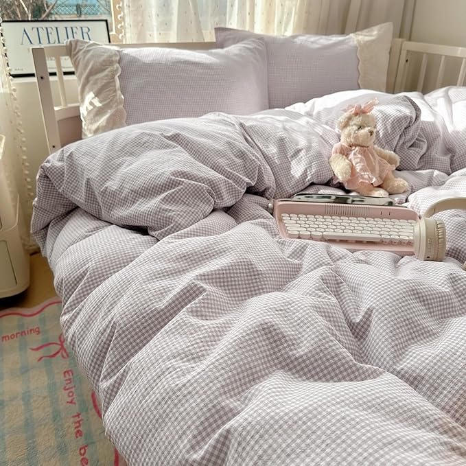 LifeTB Purple Gingham Duvet Cover Twin Cozy Washed Microfiber Purple Checkered Plaid Duvet Cover with 2 Pillowcases Romantic White Lace Comforter Cover 3 Pieces Gingham Grid Bedding Set