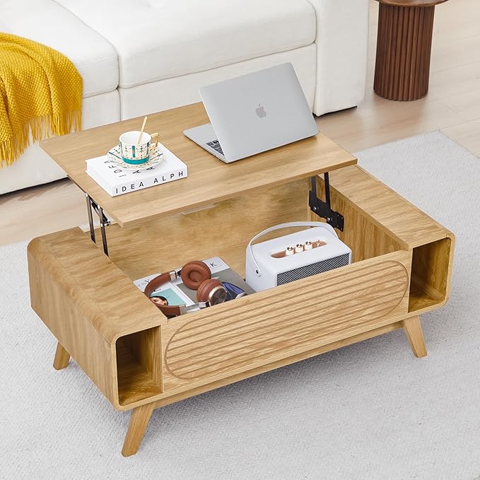 Small Lift Top Coffee Table with Hidden Compartment, Mid Century Modern Curved Coffee Table with Storage Shelf, Wooden Rectangle Center Table with Lift Tabletop for Living Room, Office (Natural)
