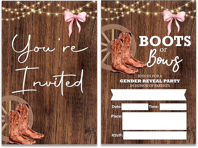 Soiceu Rustic Boots or Bows Gender Reveal Party Invitations with Envelopes Set of 20 Country Gender Reveal Invites Fill in Blank