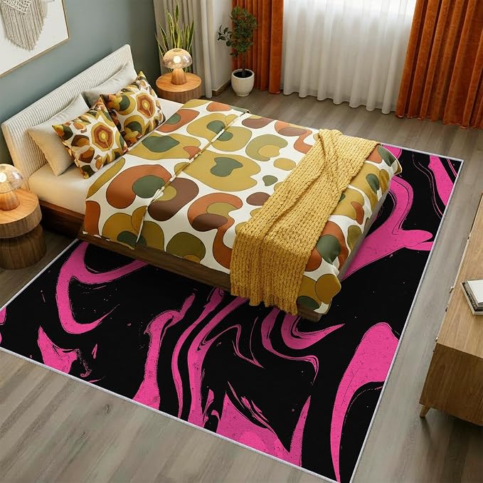 70s Rug 3x5 Retro Black Pink Abstract Hippie Pattern Area Rugs for Living Room, Bedroom, 70s Home Decor Accessories Indoor Carpet, Non Slip & Machine Washable, GD0384