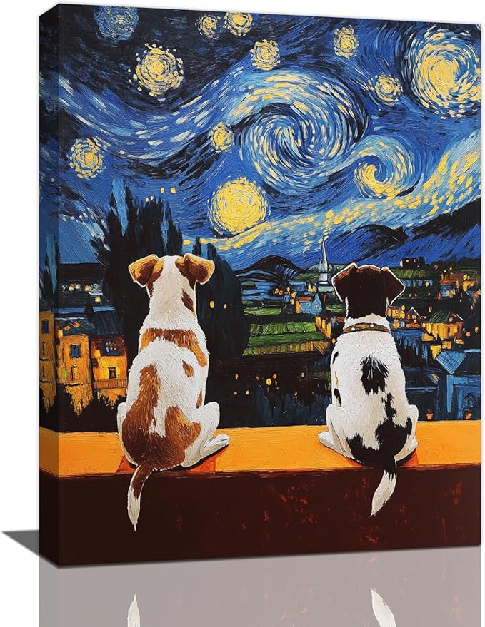 Dog Wall Art, Starry Night Dogs Pictures Wall Decor, Animal Canvas Prints Painting, Framed Artwork for Bathroom Living Room Bedroom Office Dining Room 24"X16"
