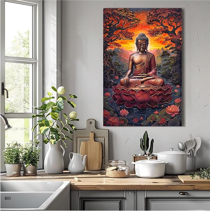 Golden Buddha on lotus seat serene meditation statue amidst lush trees flowing water and sunrise light spiritual home art for a tranquil decor 32x48in Frameless