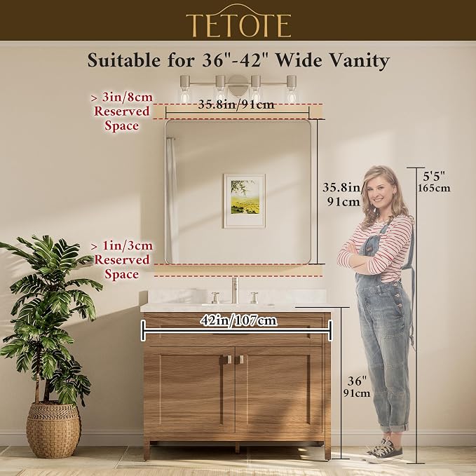 TETOTE 36 x 36 Inch Gold Mirror for Bathroom, Brushed Brass Wall Mirrors Metal Frame Square Modern Shatterproof Decorative Vanity Mirror for Living Room Entryway