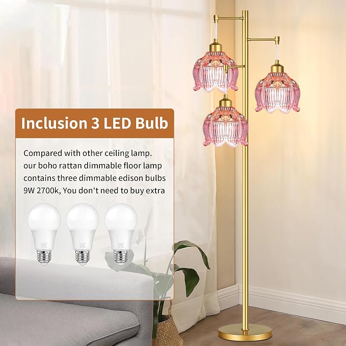 Pink Floor Lamp for Living Room,Bedroom,Gold Mid Century Modern Standing Lamp Brass Tree 3 Light Tall Floor Lamps Retro Floor Lights Glass Flower Lamp Shade Girls Kids Boho Bohemian