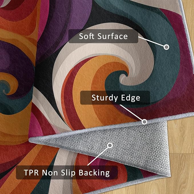 70s Rug 7x9 Retro Funky Hippie Psychedelic Swirl Pattern Area Rugs for Living Room, Bedroom, 70s Home Decor Accessories Indoor Carpet, Non Slip & Machine Washable, GD0400