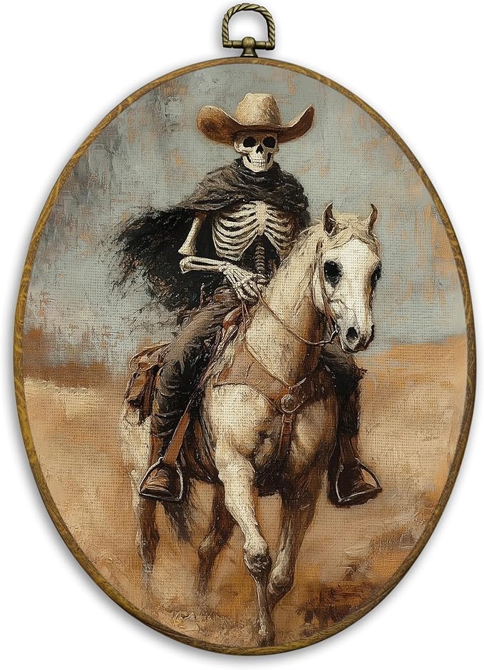 CUANFDDSF Vintage Western Skeleton Oval Wall Art Decor, Gothic Western Wall Hanging Decor, Rustic Country Skeleton Cowboy Rodeo Framed Canvas Prints for Home Bedroom Living Room, 8.6x11.4 Inch