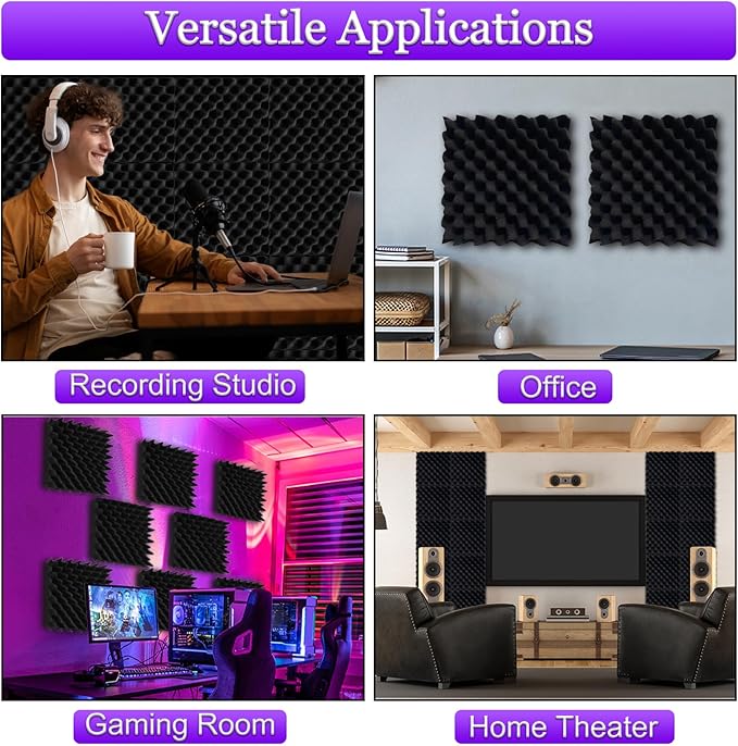 TroyStudio Thick Acoustic Foam Panels, 12 X 12 X 3 Inch 12 Pcs Broadband Sound Absorbing Foam, Dense Soundproof Padding Tile, Recording Studio Foam Absorber, Eggcrate Decorative 3D Wall Ceiling Panel